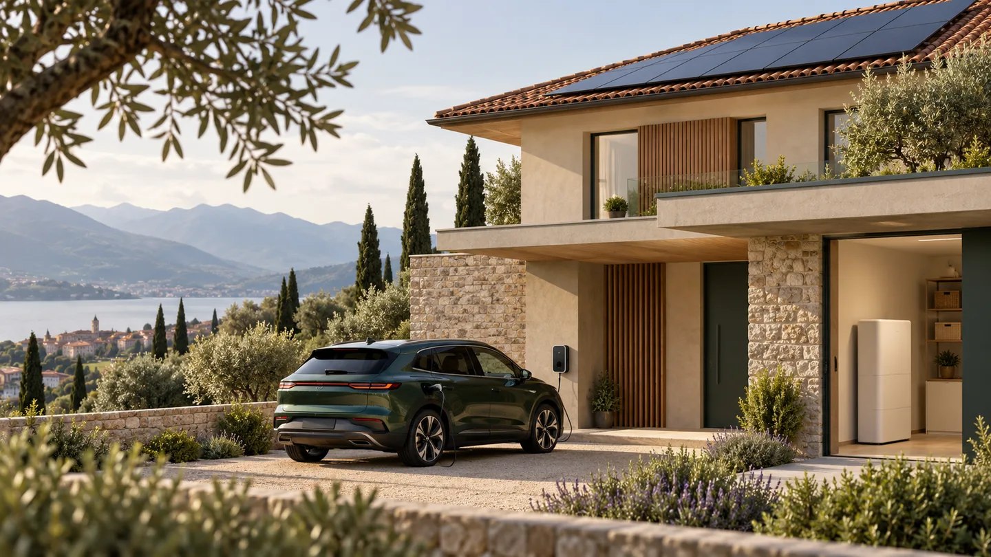 Casa illustrativa con fotovoltaico, accumulo e ricarica, non una realizzazione documentata di Green Energy Group