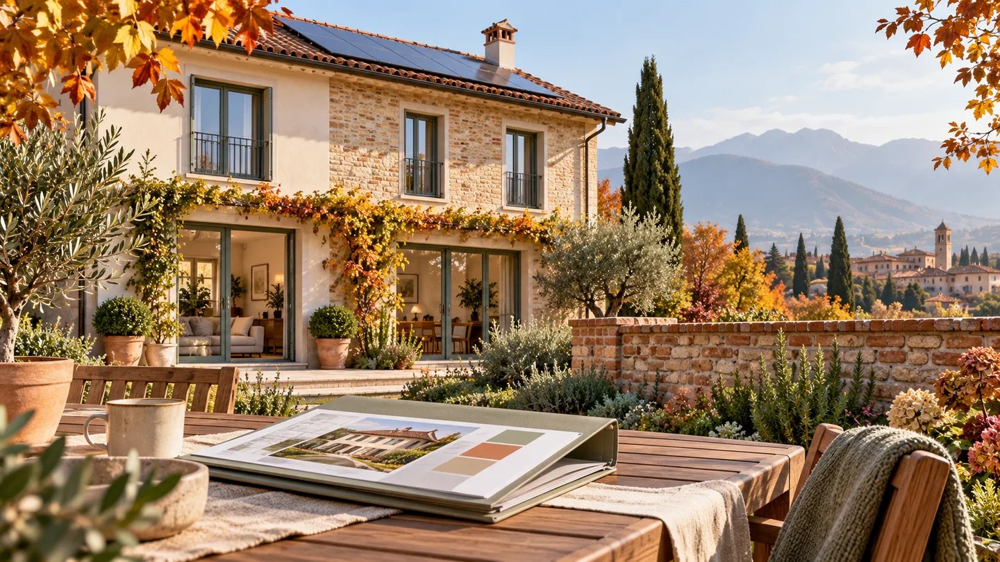 Casa illustrativa con serramenti e pannelli solari, non un progetto documentato di Renova Solution